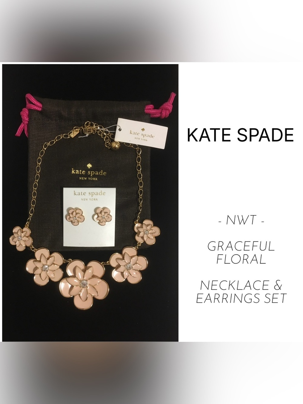KATE SPADE - NWT - PINK / GOLD GRACEFUL FLORAL NECKLACE AND EARRINGS SET